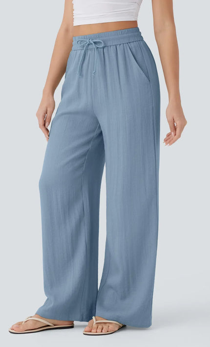 Pantalon Large Lin Coton Taille Elastique Poches - Gris Clair