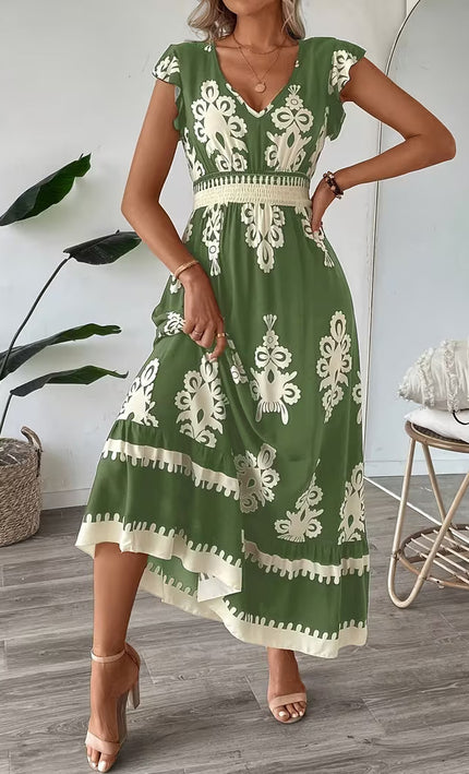 Robe Midi Col V Manches Cap Imprimé Baroque Smockée | Style Bohème Femme | KOELEX