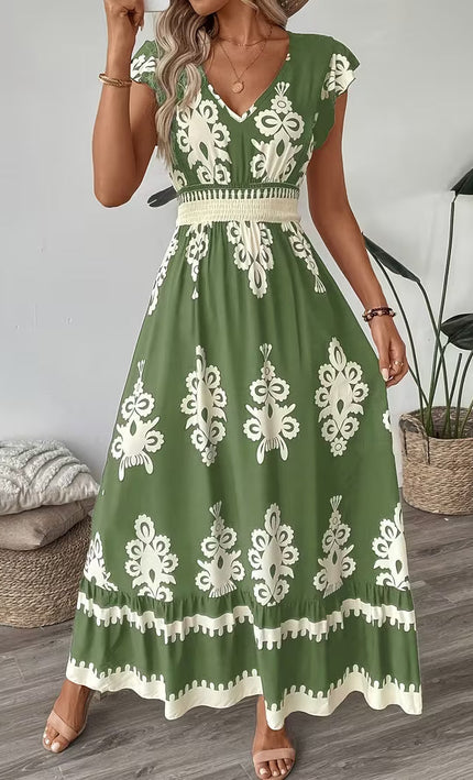 Robe Midi Col V Manches Cap Imprimé Baroque Smockée | Style Bohème Femme | KOELEX