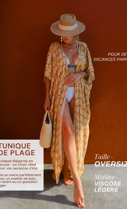 Kimono long imprimé feuilles caramel crème manches larges fente bohème femme plage Lumière Bohème