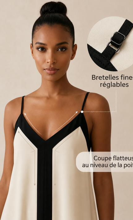 Robe maxi bretelles fines col V fluide bordures contrastées crème noir bohème femme plage KOELEX
