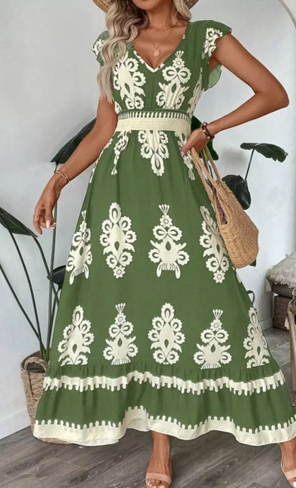 Robe Midi Col V Manches Cap Imprimé Baroque Smockée | Style Bohème Femme | KOELEX