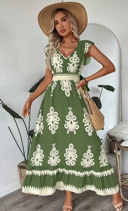 Robe Midi Col V Manches Cap Imprimé Baroque Smockée | Style Bohème Femme | KOELEX