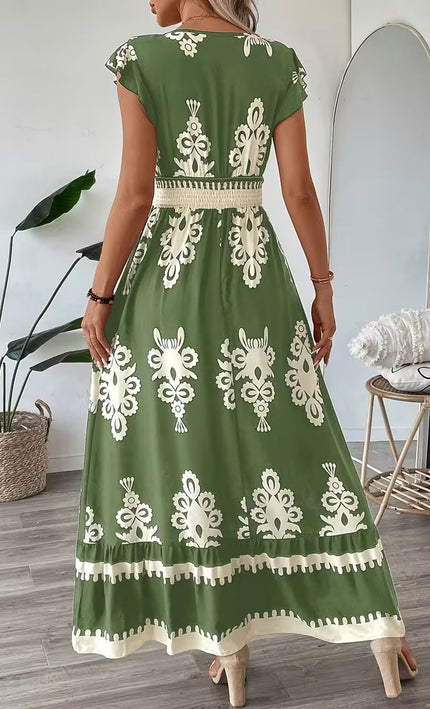 Robe Midi Col V Manches Cap Imprimé Baroque Smockée | Style Bohème Femme | KOELEX