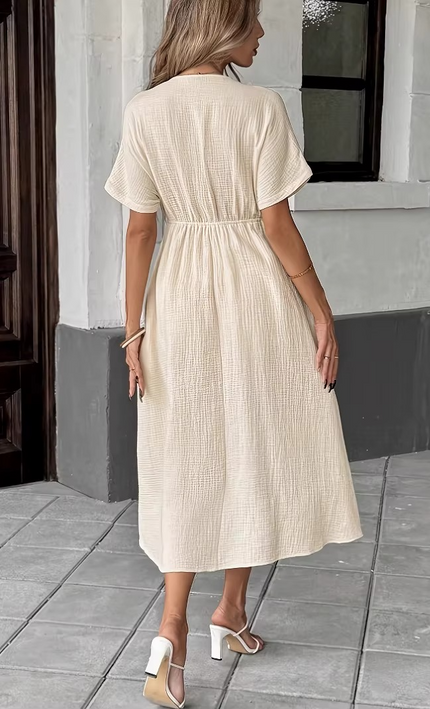 Robe midi col V lacets gaufrée crème bohème femme été casual KOELEX