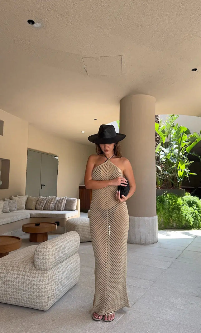 Robe maxi crochet ajouré col licou chevron beige bohème femme plage festival KOELEX