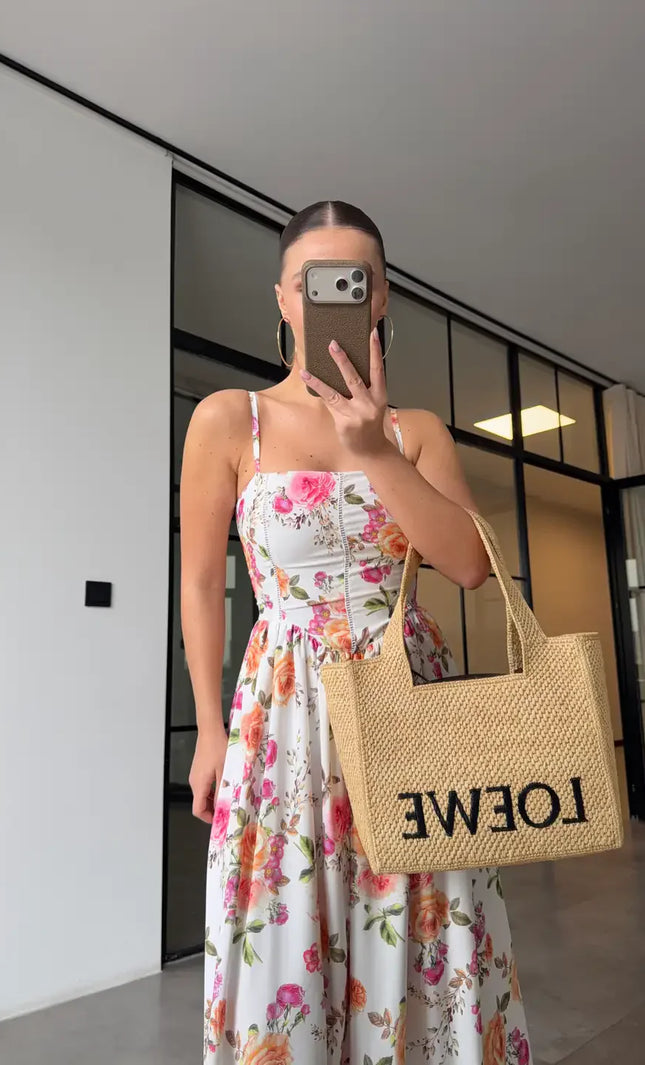 Robe longue smockée imprimé floral roses blanc bohème femme été mariage KOELEX