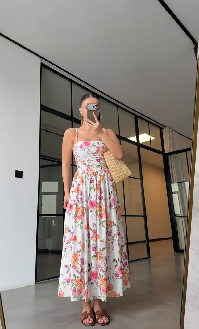 Robe longue smockée imprimé floral roses blanc bohème femme été mariage KOELEX
