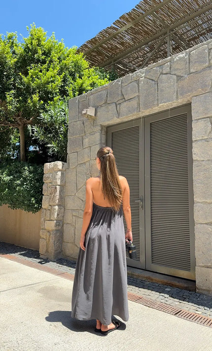 Robe maxi col licou dos nu gris bohème chic femme soirée festival Cannes KOELEX
 
