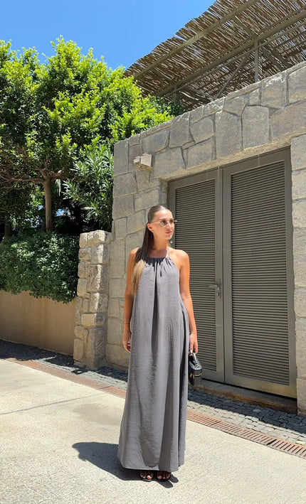 Robe maxi col licou dos nu gris bohème chic femme soirée festival Cannes KOELEX
 