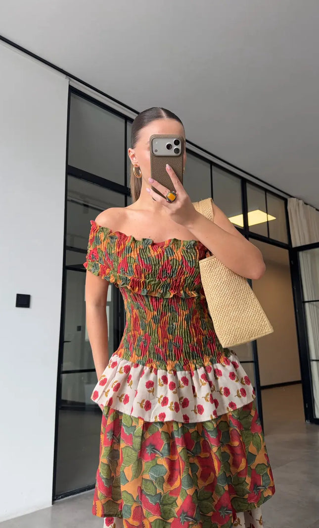 Robe longue bardot smockée volants tropical moutarde bohème femme été plage KOELEX