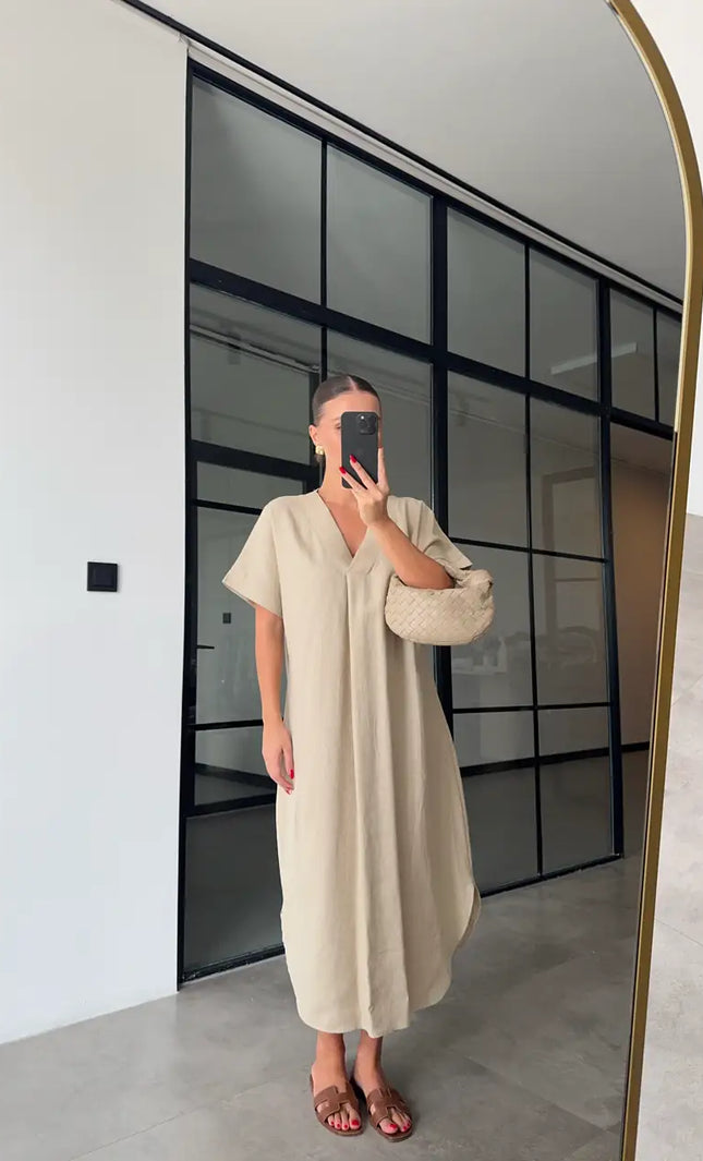 Robe midi oversize col V lin beige bohème femme casual maison été KOELEX