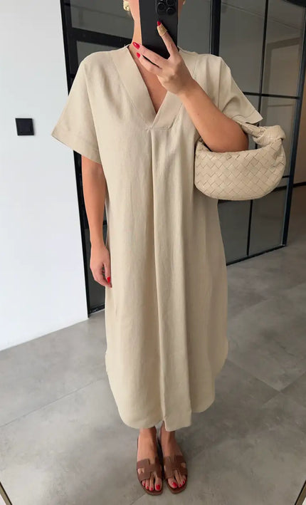 Robe midi oversize col V lin beige bohème femme casual maison été KOELEX