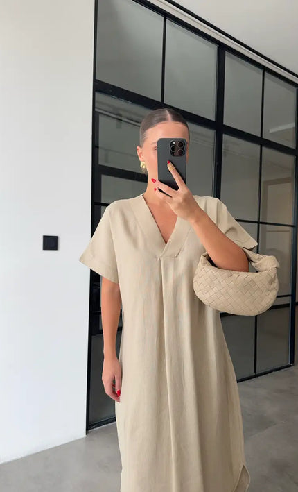 Robe midi oversize col V lin beige bohème femme casual maison été KOELEX