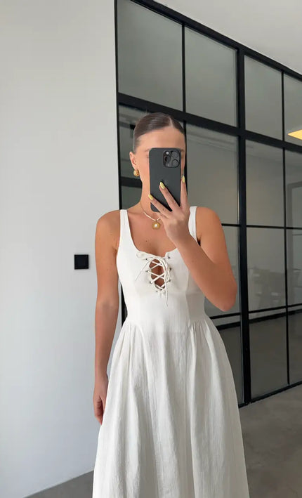 Robe midi lacets croisés texturée blanc bohème romantique femme mariage KOELEX