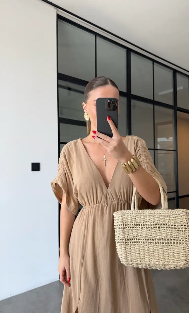 Robe maxi col V taille élastiquée camel lin bohème femme été plage KOELEX
 