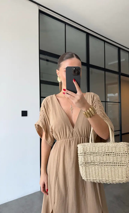 Robe maxi col V taille élastiquée camel lin bohème femme été plage KOELEX
 
