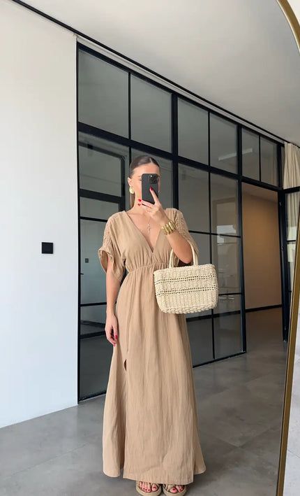 Robe maxi col V taille élastiquée camel lin bohème femme été plage KOELEX
 