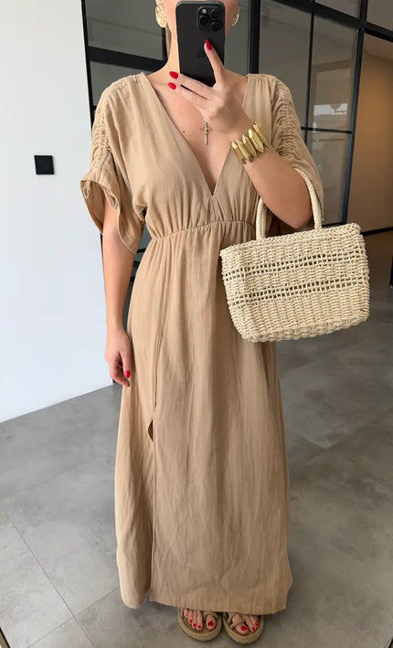 Robe maxi col V taille élastiquée camel lin bohème femme été plage KOELEX
 