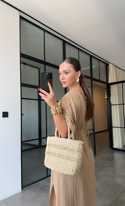 Robe maxi col V taille élastiquée camel lin bohème femme été plage KOELEX
 