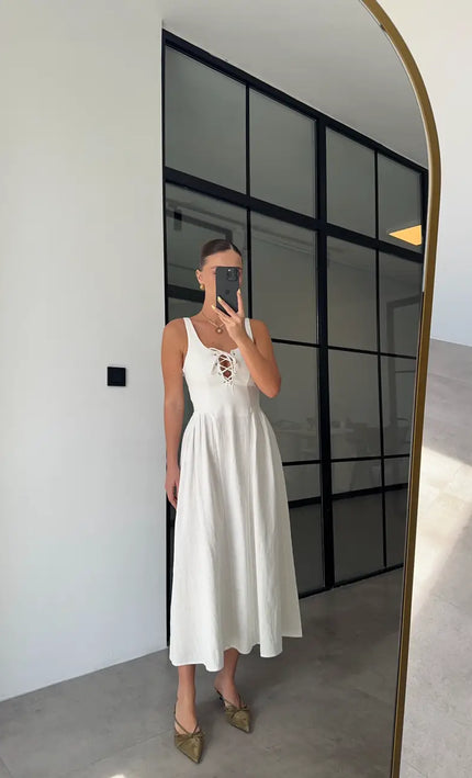 Robe midi lacets croisés texturée blanc bohème romantique femme mariage KOELEX