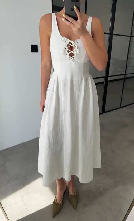 Robe midi lacets croisés texturée blanc bohème romantique femme mariage KOELEX