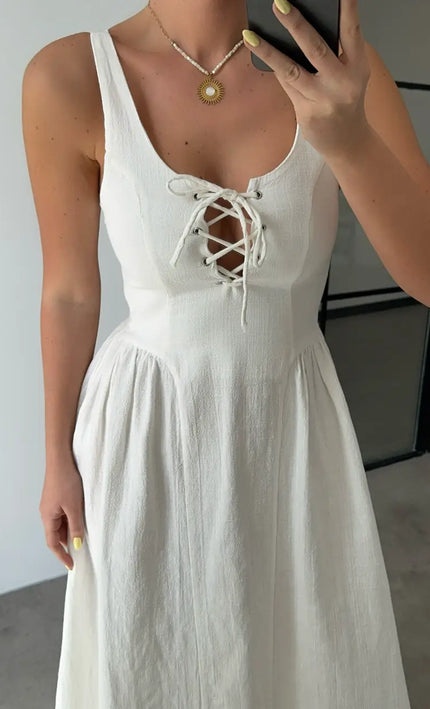 Robe midi lacets croisés texturée blanc bohème romantique femme mariage KOELEX