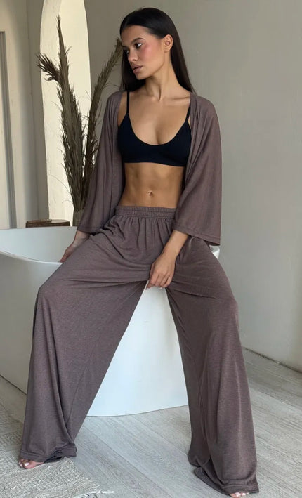 Ensemble 3 en 1 kimono pantalon large texturé brillant ceinture blanc bohème femme maison plage koelex 