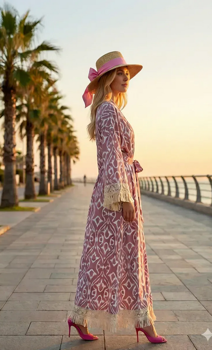 Kimono long ikat oriental franges crochet ceinture rose poudré coton bohème femme koelex 