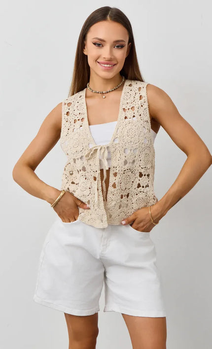Gilet crochet ajouré floral lacet central beige bohème femme plage festival été koelex 