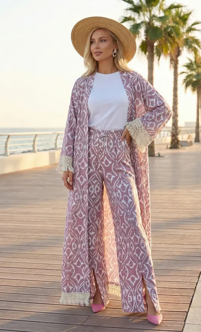 Kimono long ikat oriental franges crochet ceinture rose poudré coton bohème femme koelex 