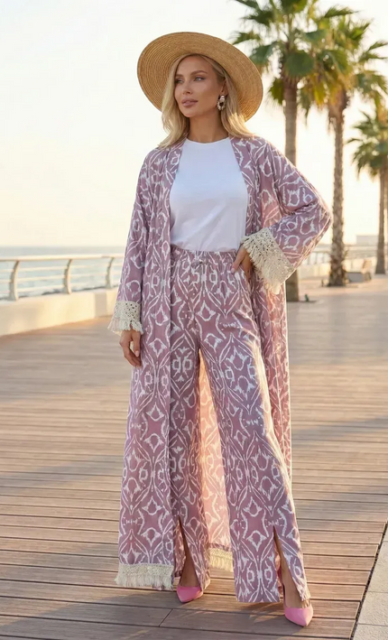 Kimono long ikat oriental franges crochet ceinture rose poudré coton bohème femme koelex 