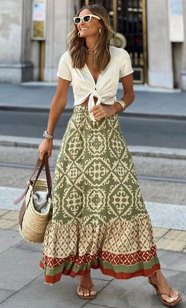 Jupe Midi Boheme Imprime Ethnique Taille Elastique | Style Bohème Femme koelex 