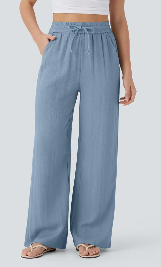 Pantalon Large Lin Coton Taille Elastique Poches - Gris Clair