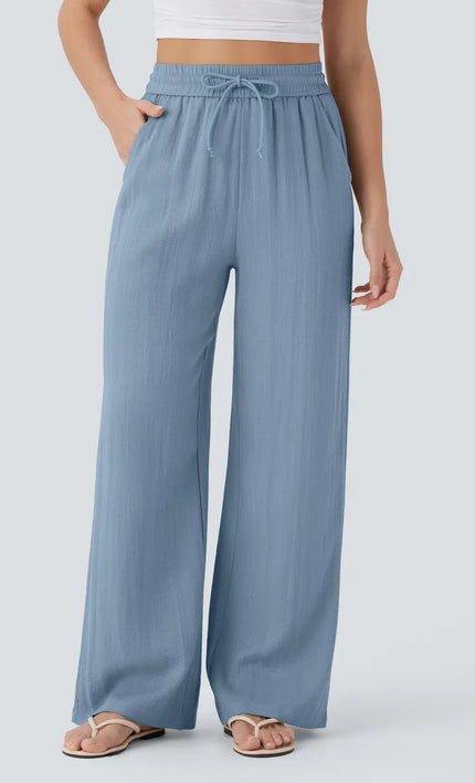 Pantalon Large Lin Coton Taille Elastique Poches - Gris Clair