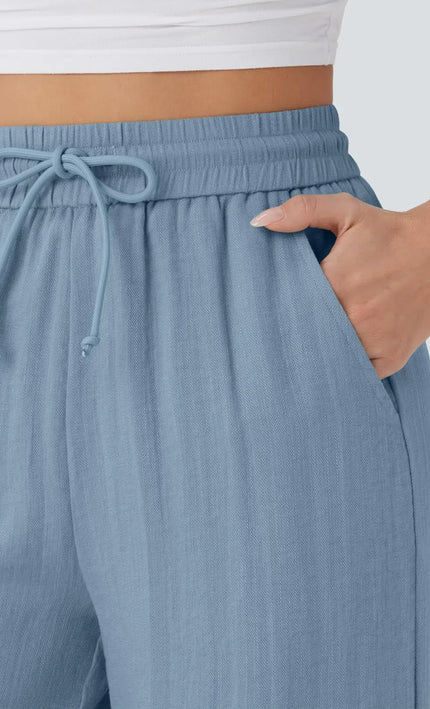 Pantalon Large Lin Coton Taille Elastique Poches - Gris Clair