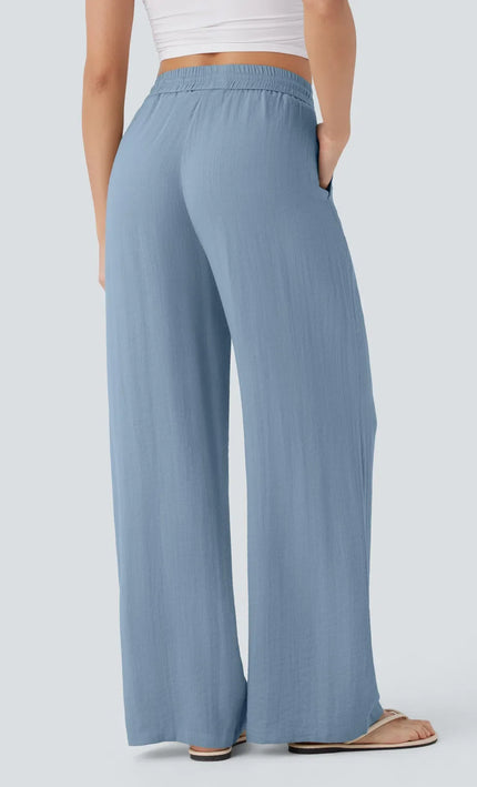 Pantalon Large Lin Coton Taille Elastique Poches - Gris Clair