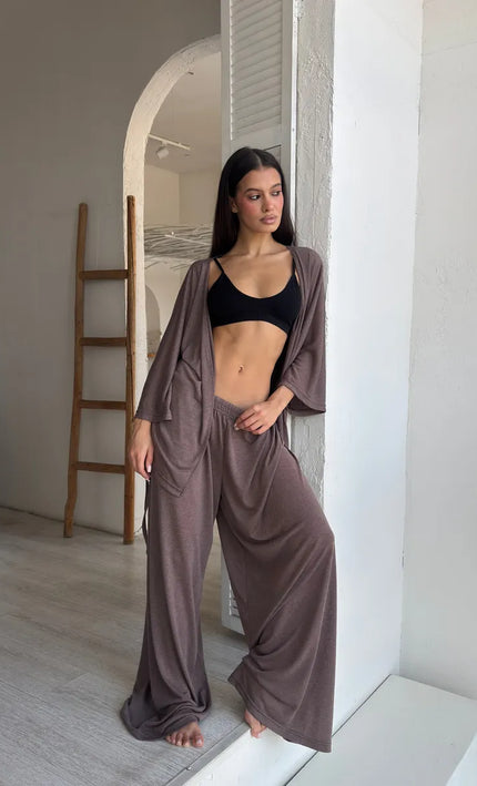 Ensemble 3 en 1 kimono pantalon large texturé brillant ceinture blanc bohème femme maison plage koelex 