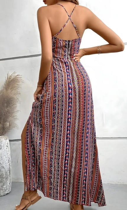 Robe Longue Boheme Imprime Abstrait Col V Bretelles - Creme | Style Bohème Femme | KOELEX