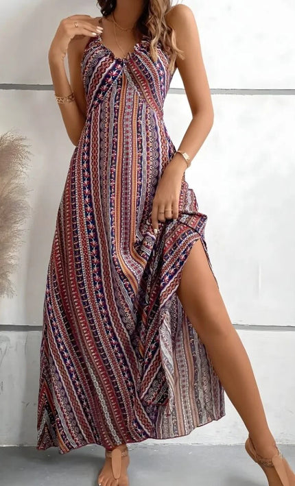 Robe Longue Boheme Imprime Abstrait Col V Bretelles - Creme | Style Bohème Femme | KOELEX