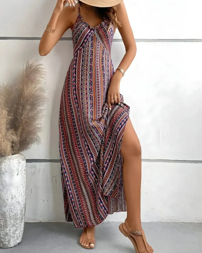 Robe Longue Boheme Imprime Abstrait Col V Bretelles - Creme | Style Bohème Femme | KOELEX