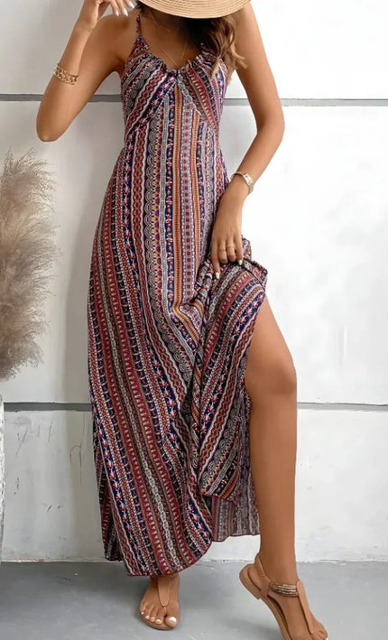 Robe Longue Boheme Imprime Abstrait Col V Bretelles - Creme | Style Bohème Femme | KOELEX