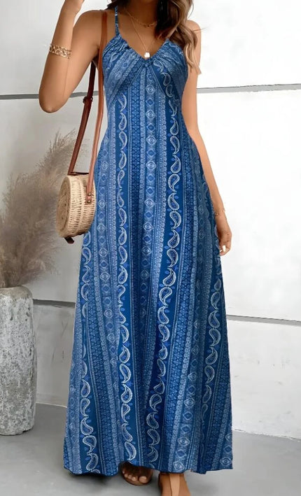 Robe Longue Bohème Imprimé Abstrait Col V - Bleu bohème femme été plage mariage KOELEX