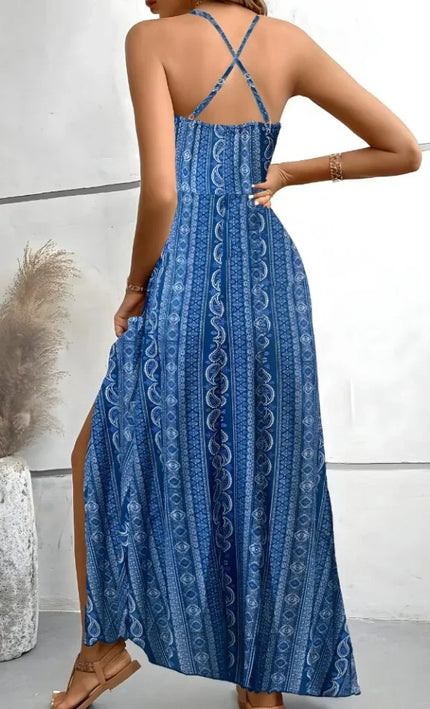 Robe Longue Bohème Imprimé Abstrait Col V - Bleu bohème femme été plage mariage KOELEX