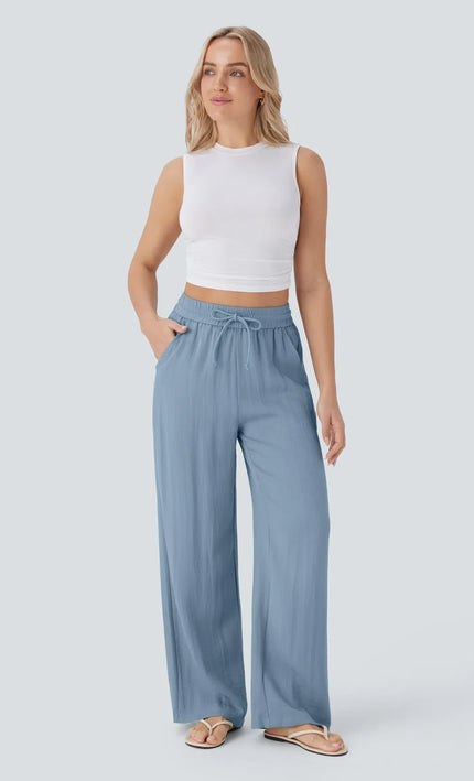 Pantalon Large Lin Coton Taille Elastique Poches - Gris Clair